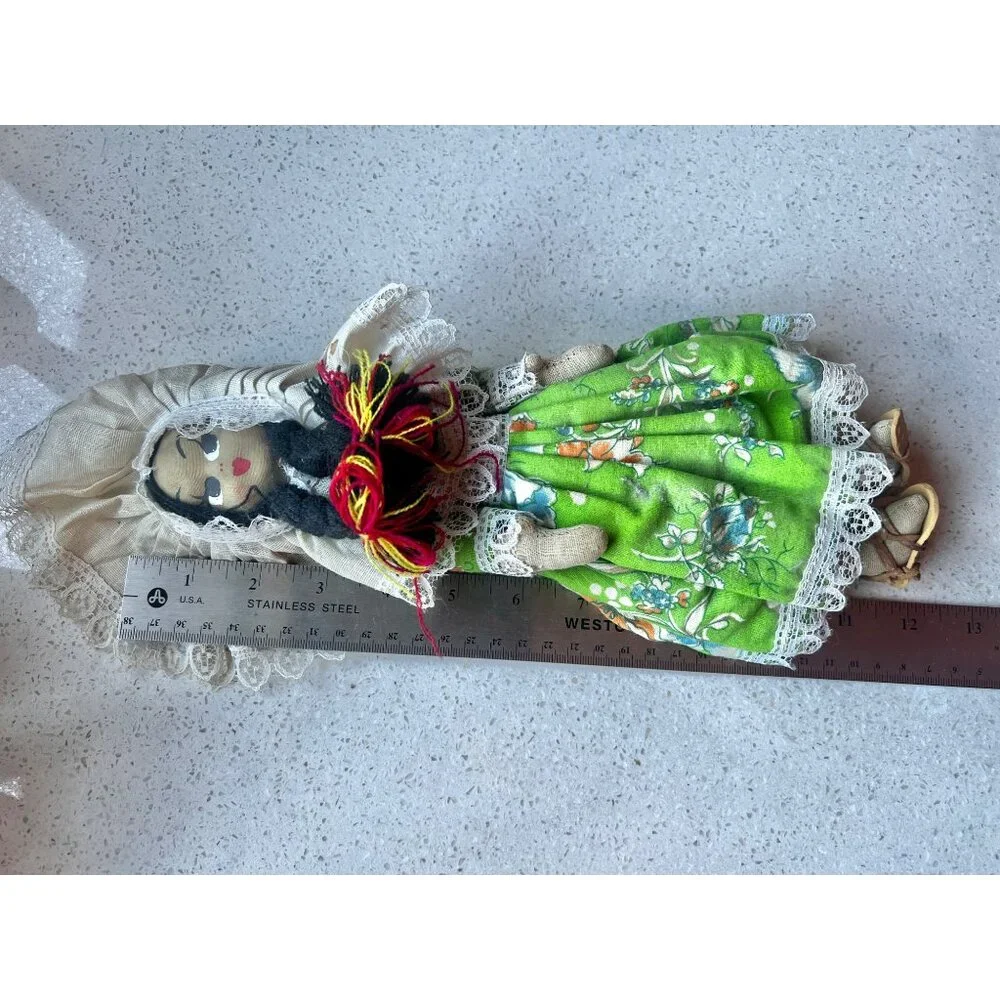 Handmade St. Thomas Folk Cloth Doll VTG In Traditional Green Dress With Veil